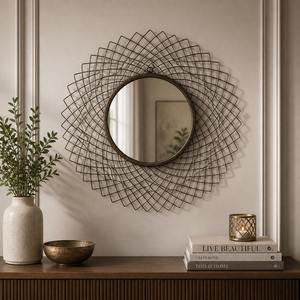 Espejo moderno de pared Sunburst de hierro con marco geométrico elegante espejo decorativo redondo para decoración de sala de estar y dormitorio - Product Image 4