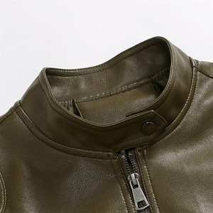 Veste de motard vintage en cuir d'agneau vert olive pour homme, col montant, coupe ajustée, fermeture éclair, vêtements d'extérieur pour l'automne et l'hiver - Product Image 2