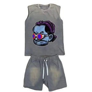 Ensemble short et t-shirt sans manches imprimé personnalisé pour homme, col rond, en coton tricoté, tenue décontractée d'été, logo avant, écologique, mode - Product Image 2