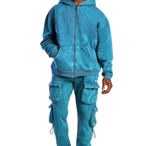 Survêtement unisexe bleu à capuche, pantalon cargo à fermeture éclair, manches longues, vêtements décontractés d'automne, polyester/nylon, léger, couleur unie - Product Image 1