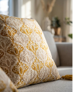 Housse de coussin en coton imprimé style ethnique avec motifs damassés et élégants accents de pompons moutarde, OEM Bulk18X18 - Product Image 3