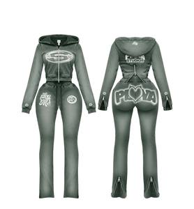 TAHAD OEM Nouvelle Tendance Ensemble Deux Pièces pour Femme : Veste Zippée, Sweat à Capuche Court Rose, Pantalon de Survêtement Uni, Style Vintage Délavé à l'Acide, avec Logo Personnalisé - Product Image 2