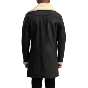 <b>Men's</b> <b>Black</b> Genuine Leather Shearling Notched Lapel Double Breasted Knee Length <b>Overcoat</b> - Product Image 2