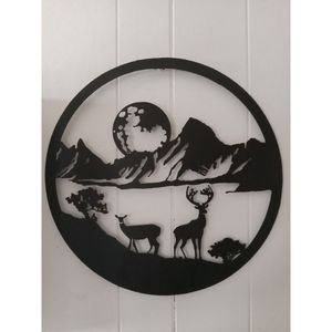 Arte de pared de metal personalizado-Escena de ciervo y montaña con silueta de Luna Naturaleza Decoración única para el hogar - Product Image 1
