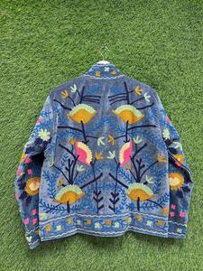 <b>Women</b> Sky Blue <b>Velvet</b> Suzani Embroidered <b>Jacket</b> with Floral Pattern Full Sleeve Stand Collar Bohemian <b>Women's</b> Spring Outerwear - Product Image 5