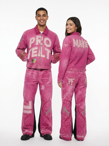 Streetwear Outerwear Vintage <b>Denim</b> Breathable Print Tracksuit Decorative Embroidery Studded Design 100% Cotton Custom OEM ODM - Product Image 2