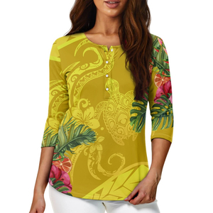 Chemises décontractées d'été boutonnées pour femmes en gros, T-shirts personnalisés à imprimé vintage polynésien, chemises à manches sept-quarts par sublimation - Product Image 4