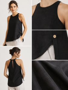 Conjunto de Pantalones Transpirables de Verano para Mujer, Estilo Moderno y Chic, Top Negro Combinado con Pantalones Anchos Blancos Casuales, Dos Piezas - Product Image 4