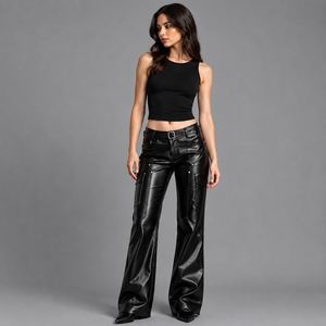 Women's Black <b>Faux</b> <b>Leather</b> Cargo Pants, High-Waisted Wide Leg <b>Trousers</b>, Y2K Streetwear - Product Image 6