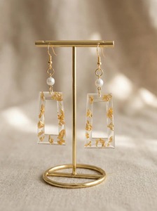 Handmade Resin Earrings With Gold Leaf And Pearl Luxury Style Clear Rectangular <b>Drop</b> Earrings - Product Image 3