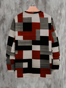 Men's Casual Long Sleeve Geometric Print Knitted <b>Shirt</b> Autumn Wear Full Sleeve V-Neck Polyester Fabric - Product Image 2