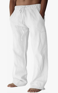 Pantalon décontracté pour homme en coton blanc avec cordon de serrage, taille élastique, coupe droite, léger, respirant, idéal pour l'été - Product Image 5