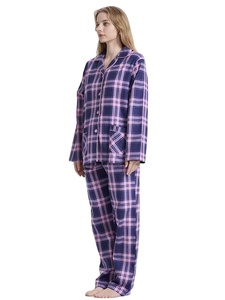 Ensemble de pyjama en flanelle confortable pour femmes, manches longues, col à revers, motif à carreaux, haut boutonné tissé et pantalon long, décontracté, automne/hiver - Product Image 4