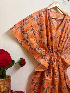 Premium Floral Printed Cotton Maxi <b>Kaftan</b> for Women V-Neck Batwing Sleeves Eco-Friendly Handmade <b>Beach</b> & Vacation Wear - Product Image 3