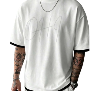 เสื้อยืดคอกลมโอเวอร์ไซส์สีขาวสำหรับผู้ชาย แต่งขอบสีดำตัดกัน ผ้าฝ้าย 100% แบบลำลอง พิมพ์ลายดิจิทัล - Product Image 3