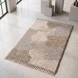 Tapis d'appoint tissé à la main beige et crème à boucles texturées avec motif abstrait et bordure à franges pour la décoration intérieure moderne - Product Image 3