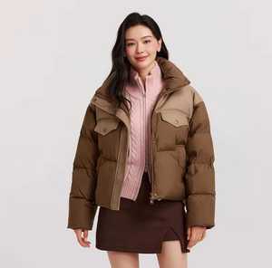 Blouson d'hiver unisexe à capuche et col montant, matelassé, en toile et polyester, coupe-vent, fermeture éclair frontale, décontracté, coupe régulière, color block - Product Image 3