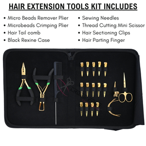Kit profesional de herramientas para extensiones de cabello con microlink dorado, incluye alicates de crimpado para microanillos, herramienta para quitar cuentas, mini tijeras y pinzas de pico de pato. - Product Image 2