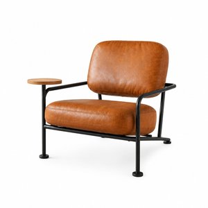 Fauteuil lounge en cuir marron cognac de luxe avec structure en métal noir et table d'appoint intégrée pour salon, mobilier d'hôtel - Product Image 1