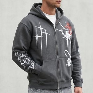 Nouveau sweat à capuche gris pour homme avec imprimé graphique blanc et rouge, style streetwear, coupe classique, en coton French Terry, pour l'automne - Product Image 4