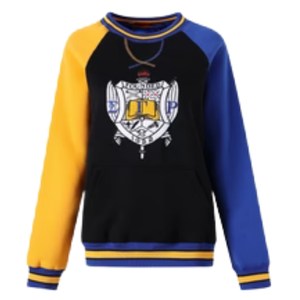 Sweat-shirt à col rond pour femme Sigma Gamma Rho Chenille Crest, noir, colorblock, manches raglan, avec poche, pull de sororité - Product Image 1