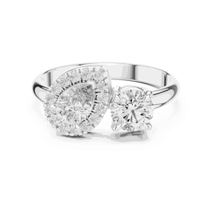 Bague de fiançailles unisexe Toi et Moi en or massif 18 carats avec diamant de laboratoire couleur E, taille poire et ronde, sertie pavé, bijou de style alliance - Product Image 3