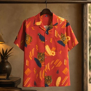 Red Tiger And Parrot Printed Short Sleeve Hawaiian Shirt For Men Summer Vacation Wear Breathable Poplin Fabric Turn-<b>down</b> Collar - Product Image 4