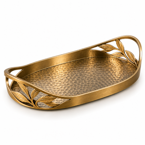 Elegante Bandeja de Servir Ovalada Dorada |   Plato de Metal Martillado con Asas de Hojas Botánicas para Aperitivos, Postres, Mesa de Comedor, Decoración del Hogar - Product Image 1