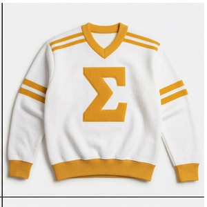 Pull en tricot jaune pour homme à col en V avec imprimé lettre Sigma blanche, coupe classique, style preppy, vêtement d'automne - Product Image 2