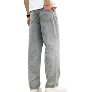 Mens Breathable Button Front Stone Wash <b>Light</b> Blue Baggy Straight Leg Denim Jeans Loose Fit Wide Leg Casual Streetwear Full - Product Image 2