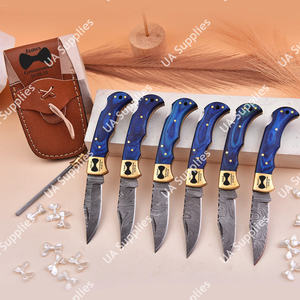 มีดพับเหล็กดามัสกัสคุณภาพสูง ด้ามไม้ปักก้าสีน้ำเงินฝังลายทองเหลือง พร้อมปลอกมีด EDC สำหรับพกพา - Product Image 3