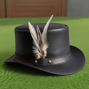 Premium quality custom made Handmade Black Leather Steampunk Top <b>Hat</b> with <b>Feather</b> Accent Gothic Festival <b>Hat</b> - Product Image 3