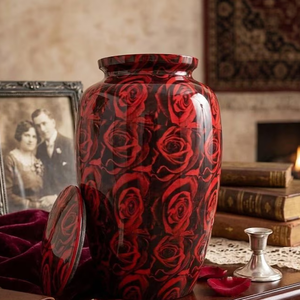 Red Rose Aluminum Cremation Urn <b>Memorial</b> <b>Vase</b> Tribute Keepsake Jar Tabletop Decor - Product Image 1