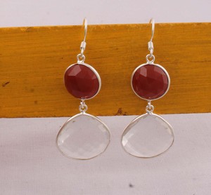 Natural <b>Red</b> Onyx and Crystal Quartz <b>Earrings</b> 925 Sterling Silver Handmade Multi-Stone Drop <b>Earrings</b> Wholesale Jewelry - Product Image 2