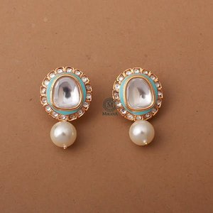 Gaurika 18K Gold Turquoise Pearl Polki Drop Earrings for Wedding & Engagement - Product Image 2