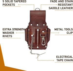 OEM Heavy Duty Leather Water Resistant Electrician <b>Tool</b> Pouch 5 Pockets Messenger Style <b>Belt</b> Clip Electrical Tape Holder Dark - Product Image 4