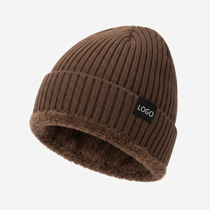 Custom Unisex <b>Brown</b> Knit <b>Beanie</b> Sherpa Fleece Lined Warm Winter Wear Hat Custom Logo Casual Wear Winter Wear Warm <b>Beanie</b> - Product Image 1