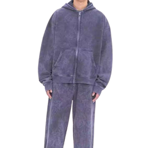Acid Washed Zip Hoodie Tracksuit Unisex Solid 2 in 1 <b>Vintage</b> Fleece <b>Jacket</b> Sweatpants Set Oversized Streetwear Winter - Product Image 5