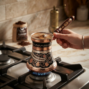Cafetera turca de cobre oxidado grabado con motivos florales, Cezve, Ibrik árabe, Briki griega, calentador de leche para estufa con mango de madera incrustado - Product Image 3