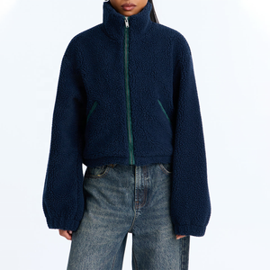 Chaqueta de Forro Polar para Mujer, Estilo Teddy, con Cierre de Cremallera, Cuello Alto, Manga Larga, Hombros Caídos, Color Sólido, Chaqueta Sherpa de Invierno - Product Image 1