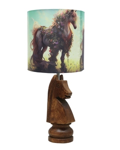 Wooden knight chess <b>table</b> lamp forest horse print shade <b>rustic</b> hand-carved <b>bedside</b> light for game room or kids decor - Product Image 4
