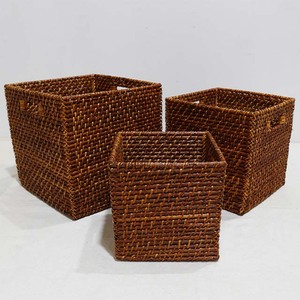 New Design Eco-Friendly Natural Rattan Multi-Purpose Storage <b>Basket</b> Square Diagonal <b>Weave</b> Dark Brown Cube Set of 3 - Product Image 5
