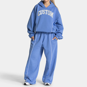 <b>Women</b> Custom Letter Print Hooded Tracksuit Set Blue Cotton Loose Fit Sweatshirt and <b>Sweatpants</b> with Side Pockets - Product Image 1