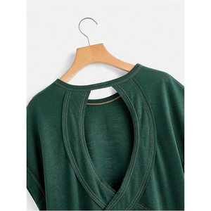 Camiseta de Punto Holgada para Mujer, Color Verde Oscuro, Espalda Cruzada, Manga Corta, Diseño Asimétrico, para Primavera/Verano, Gimnasio - Product Image 6