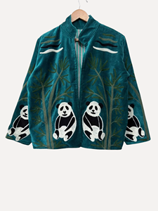 Manteau en velours bleu sarcelle brodé panda, col mandarin, manches longues, grande taille, décontracté pour femme, style chinois, pour l'automne - Product Image 1