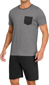 Ensemble de pyjama d'été pour homme, t-shirt gris à manches courtes avec poche, short noir, vêtements de nuit décontractés, vêtements de détente, coton respirant - Product Image 3