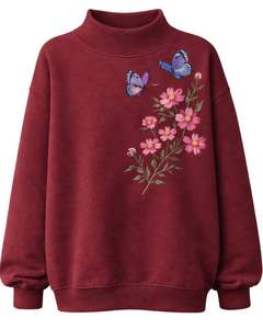 Sudadera Oversize para Mujer Color Granate con Estampado Floral de Mariposas, Cuello Alto Simulado, Suave Felpa, Informal, de Moda para Invierno - Product Image 1