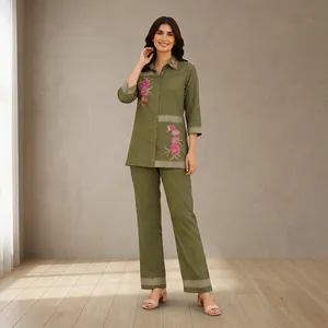 Ensemble en coton brodé vert olive pour femmes, manches trois quarts, pantalon long, style bohème décontracté, à porter toute l'année - Product Image 6