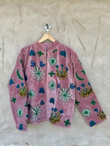 Blue <b>Velvet</b> Handmade Embroidered Floral Vintage Winter Bomber <b>Jacket</b> for Unisex with Cotton Lining Breathable Woven - Product Image 6