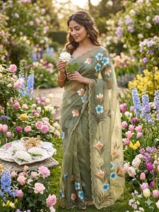 Sari de Seda Chiffon Exclusivo de Boutique India, Blusa de Diseño Elegante, Última Moda para Fiestas, Bodas y Festivales, para Mujer - Product Image 6